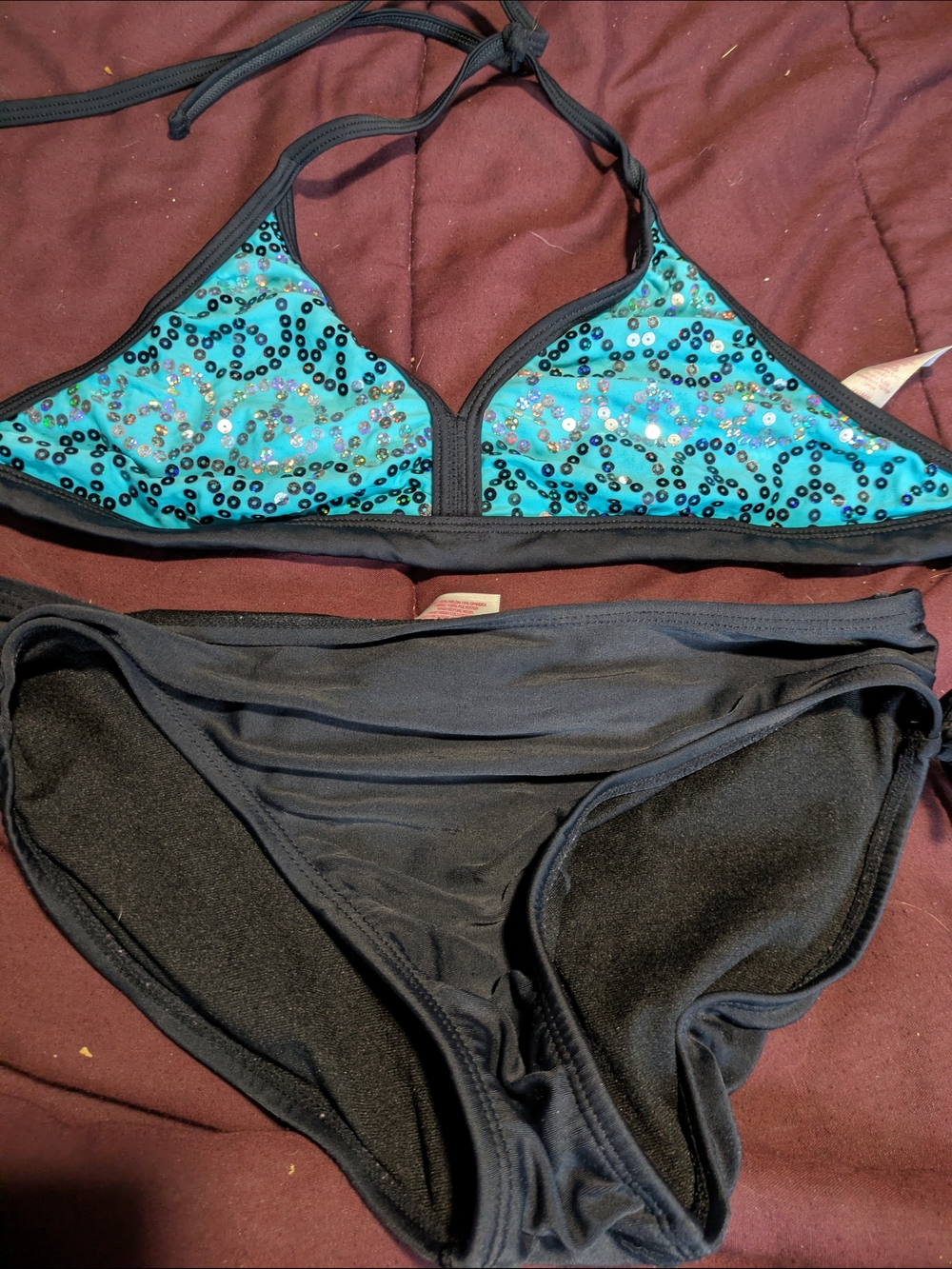 Justice Girls Aqua Blue Sequin Bikini Set with Black Trim